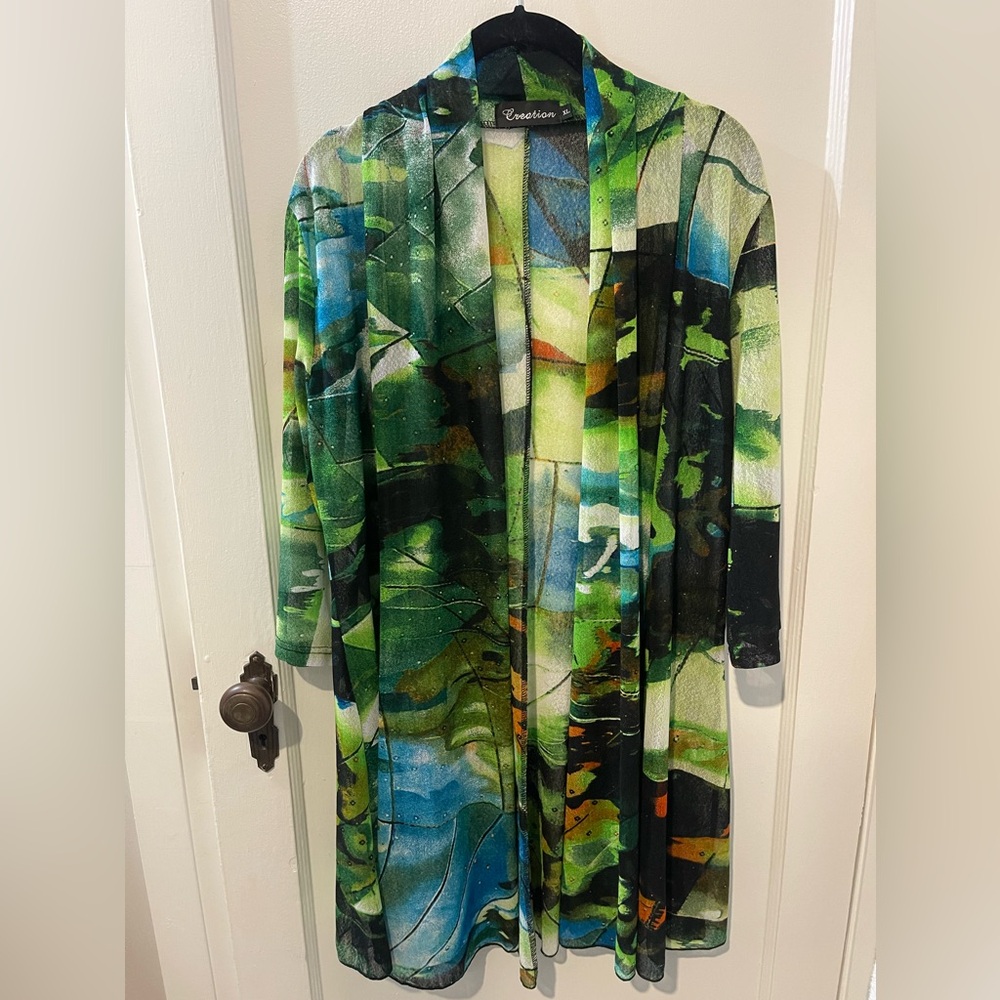 Creation Abstract Print Mesh Duster Cardigan XL